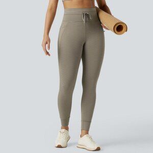 NWT Beige High Waisted Drawstring Striped Yoga Leggings with Pockets
